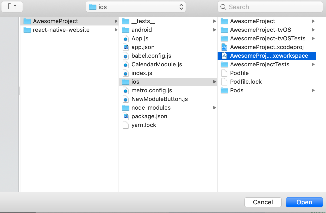 Image of opening up an iOS project within a React Native app inside of Xcode.